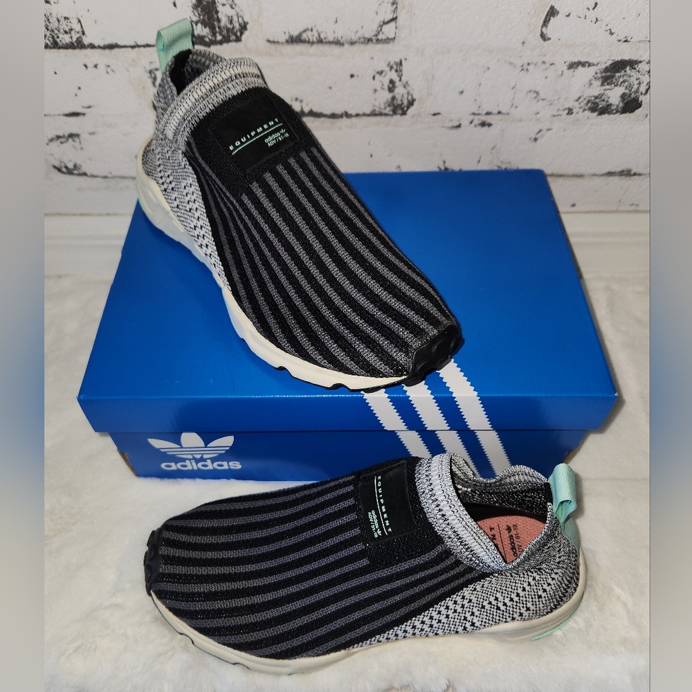 NIB Adidas Womens EQT Support Sock Sneakers, Black/ White/Mint, 9.5